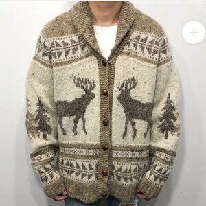 VTG Ralph Lauren Wool Hand Knit Winter Deer Shawl Cardigan Men's XL Brown Cream